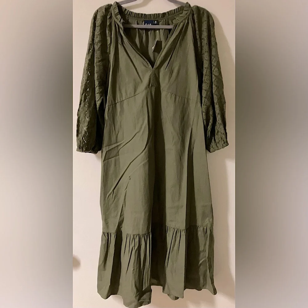 Gap Olive Green Lace Sleeve Cotton Maxi Dress - Size Medium - Picture 4 of 6